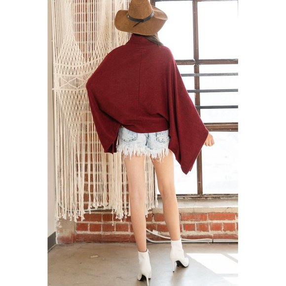 Dark Red Soft Brushed Turtle Neck Cape Sweater - Picture 2 of 6